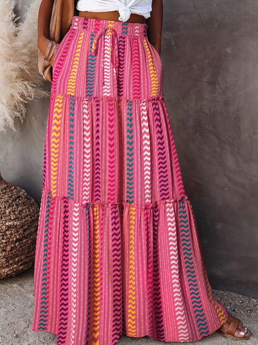 Boho Tiered Maxi Skirt - Pink Multi